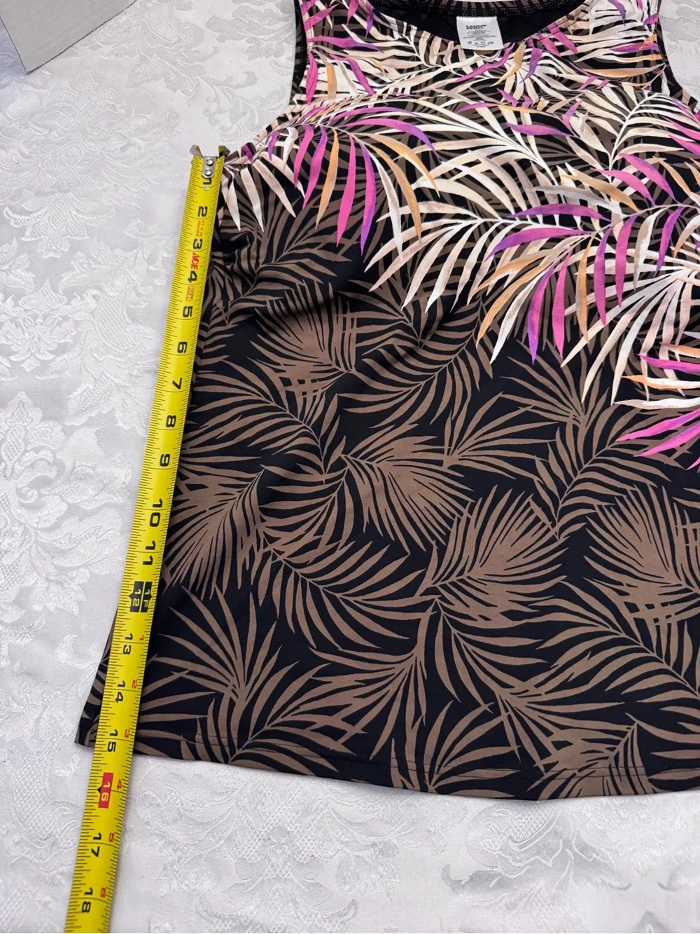 Lands’ End 12D High Neck Modest Tankini Swimsuit Top‎ Palm Leaf Brown Resort
